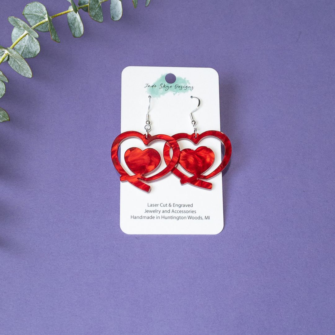 Marble Acrylic Red Double Heart Earrings