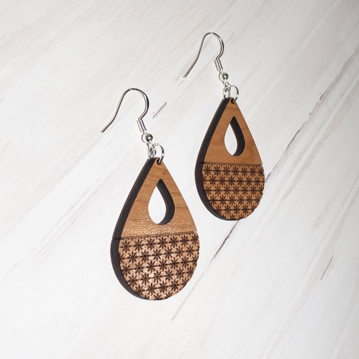 Wood Tear3drop with Snowflake Pattern