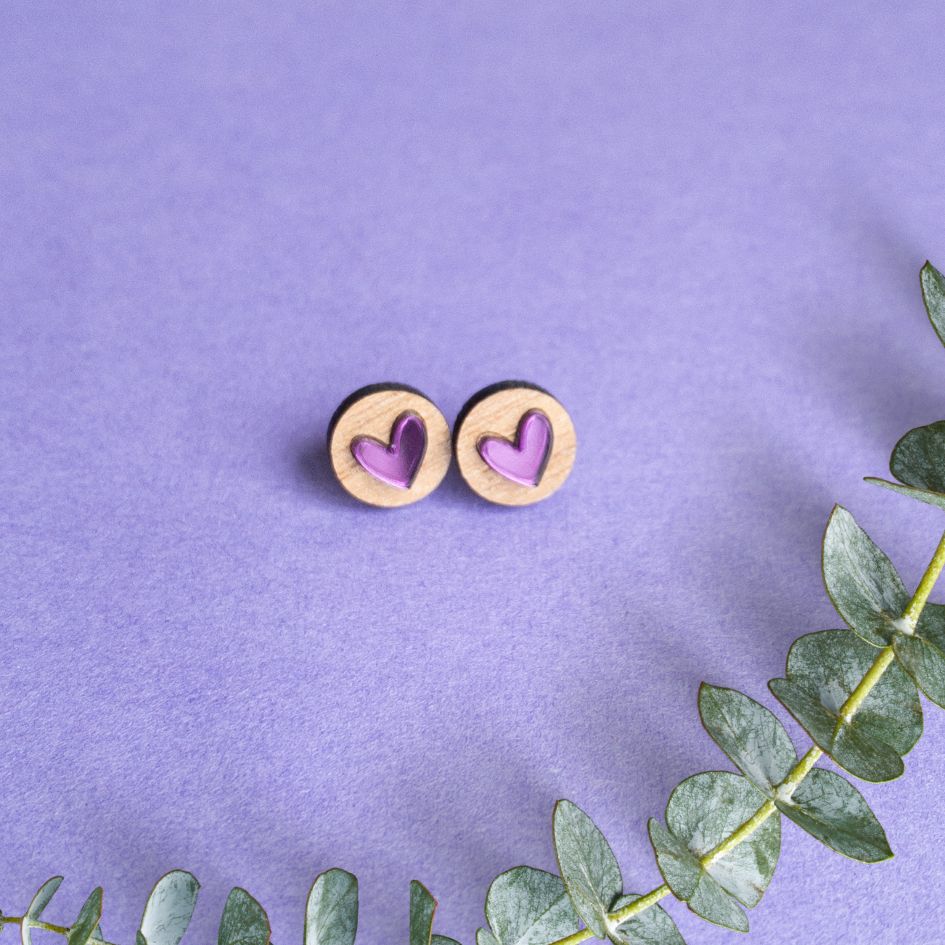 Shiny Purple Heart on Walnut Stud Earrings