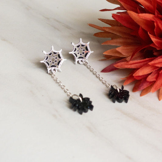 Hanging Black Glitter Spider Earrings