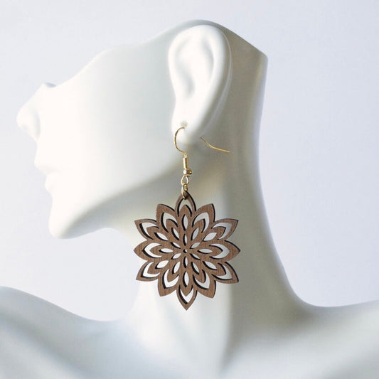 Geometric Floral Earrings, Laser Cut, Walnut, Wood Earrings